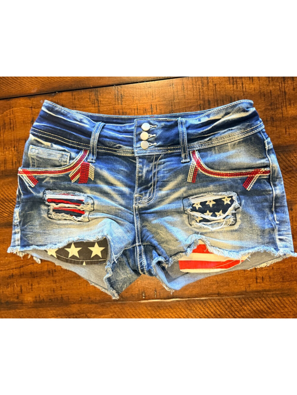 Flamingals Womens S Denim Shorts American Flag Stars Stripes Distressed Cutoff